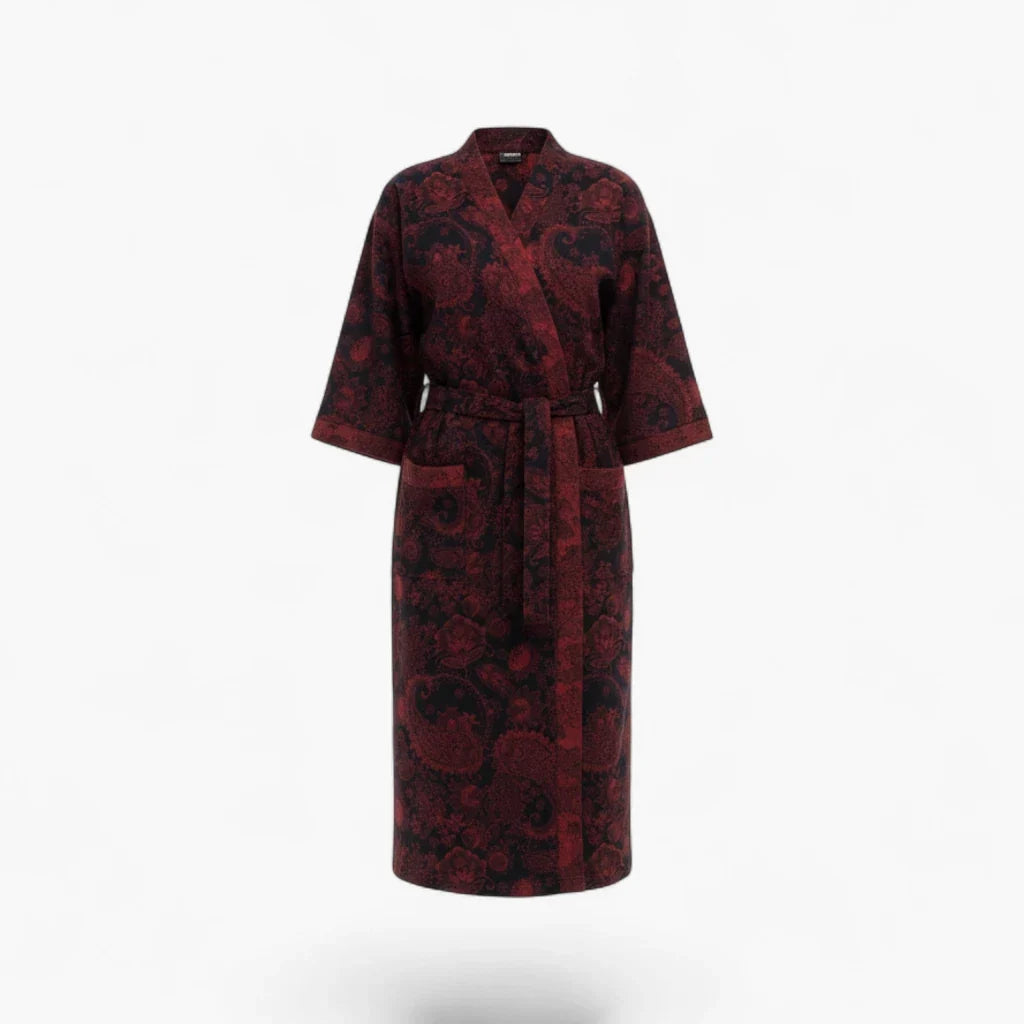 Peignoir Femme Coton – Style Japonais Noir à Motifs Rouges Paisley