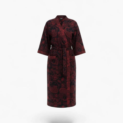 Peignoir Femme Coton – Style Japonais Noir à Motifs Rouges Paisley