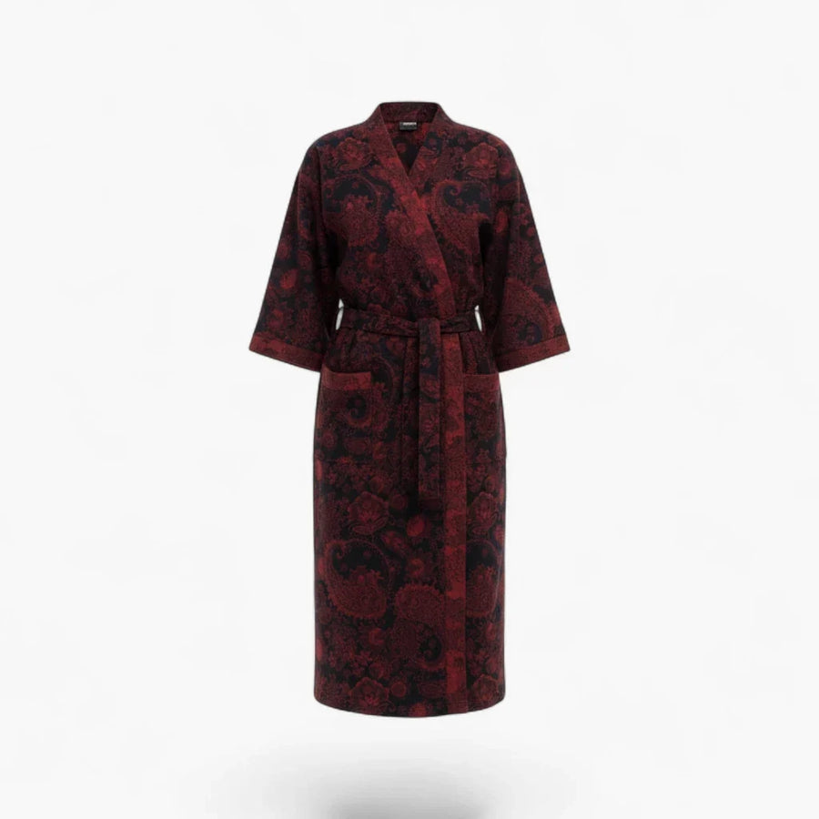 Peignoir Femme Coton – Style Japonais Noir à Motifs Rouges Paisley