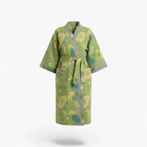 Peignoir Femme Coton – Style Japonais Vert à Fleurs Jaunes