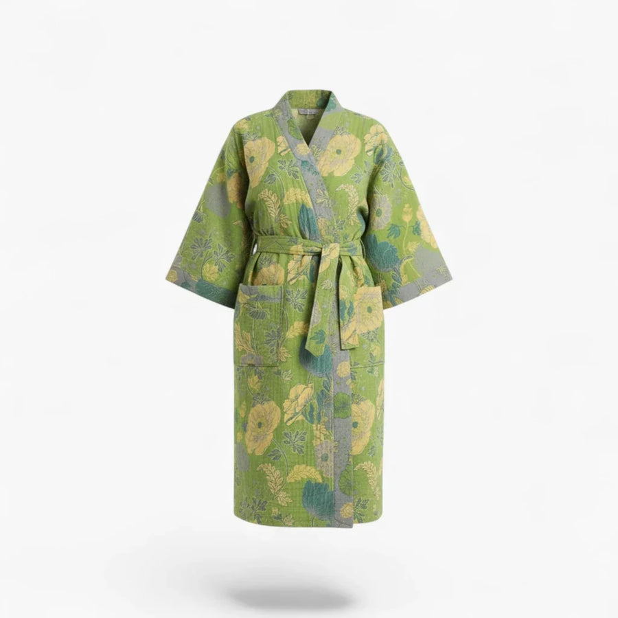 Peignoir Femme Coton – Style Japonais Vert à Fleurs Jaunes