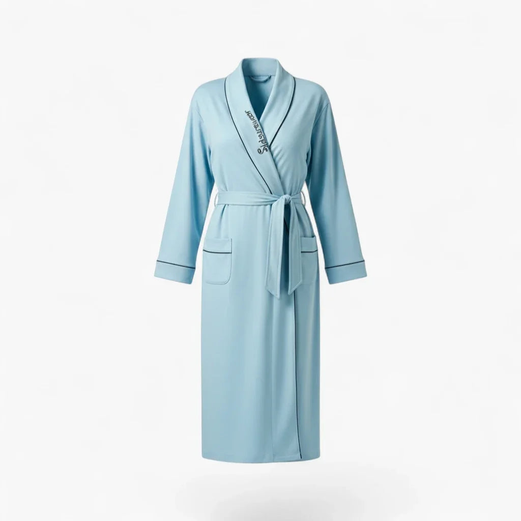 Peignoir Femme Coton – Long Bleu Clair à Col Châle