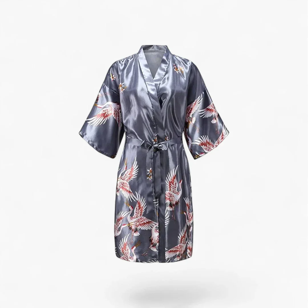 Peignoir Femme Satin – Motif Grues Japonaises Argenté