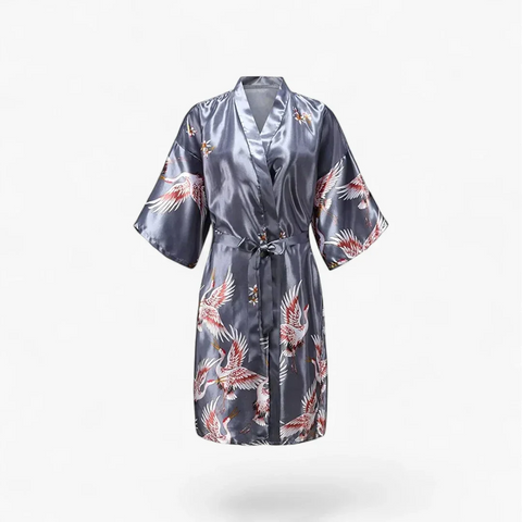 Peignoir Femme Satin – Motif Grues Japonaises Argenté