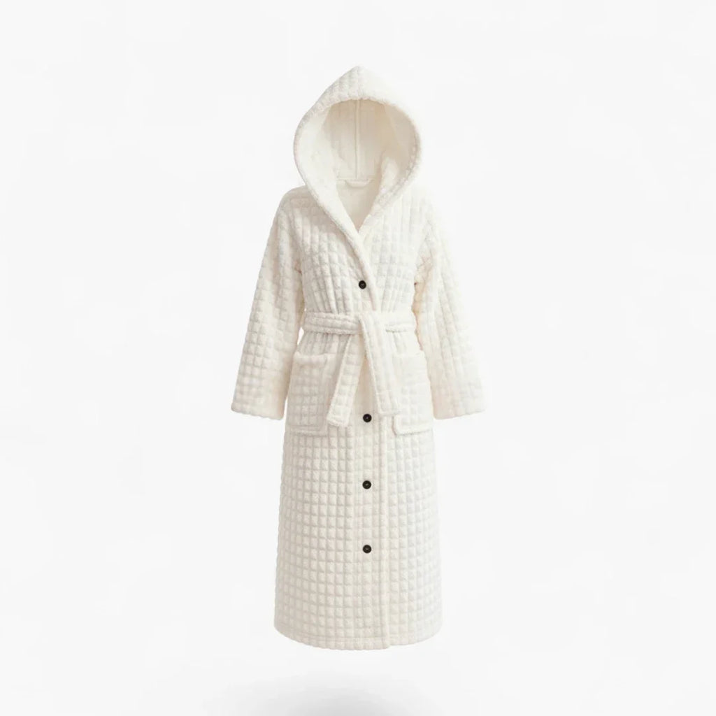 Peignoir Femme Hiver – Polaire Blanche à Capuche et Boutons