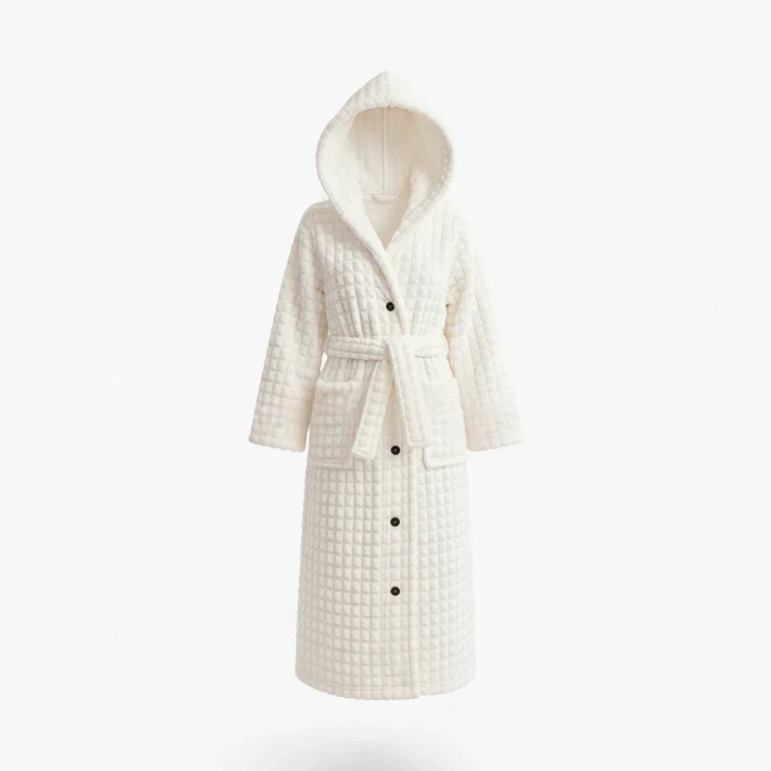 Peignoir Femme Hiver – Polaire Blanche à Capuche et Boutons