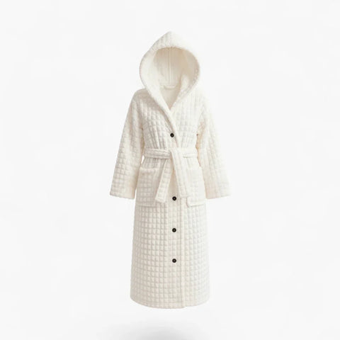 Peignoir Femme Hiver – Polaire Blanche à Capuche et Boutons