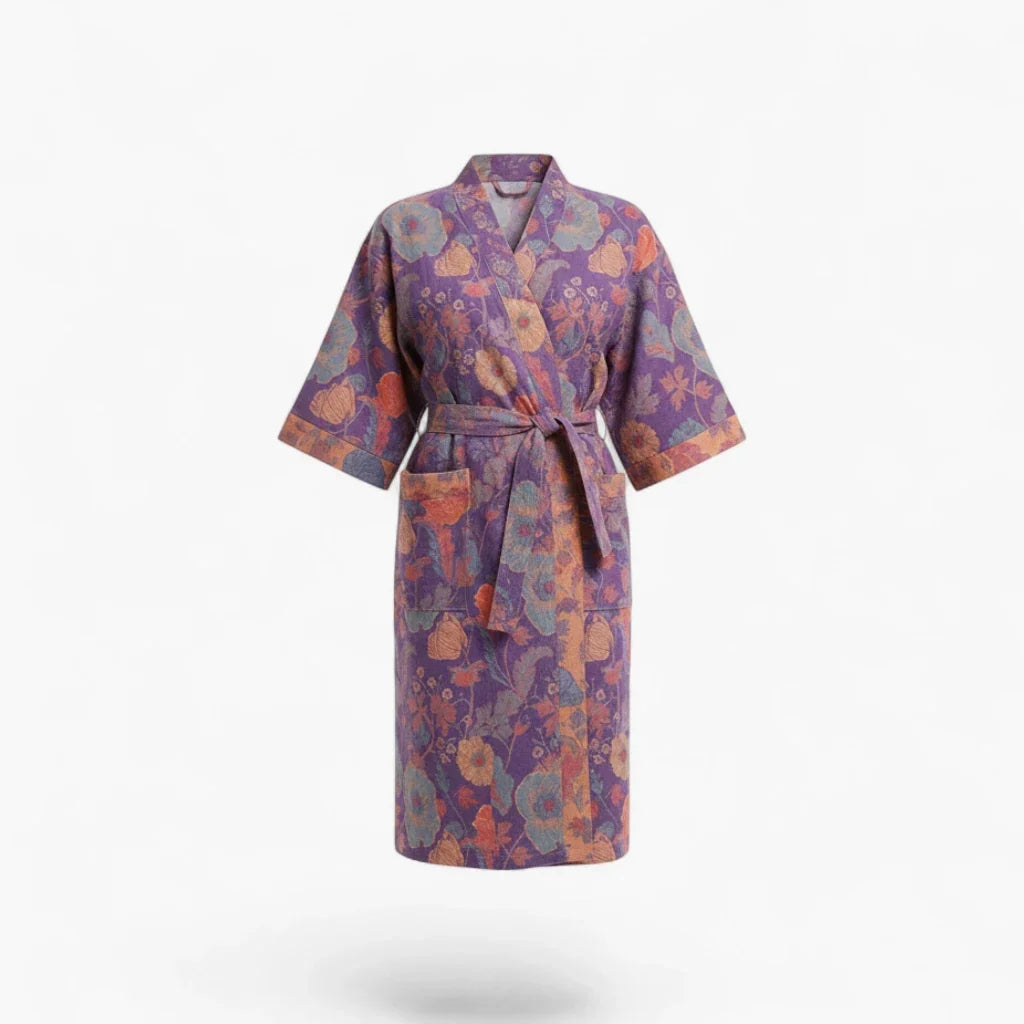 Peignoir Femme Coton – Style Japonais Violet à Fleurs Oranges