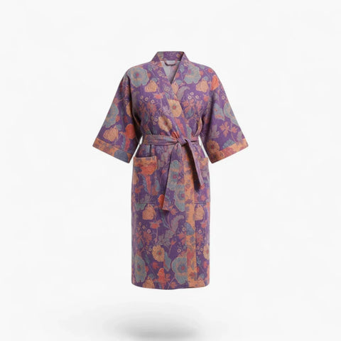 Peignoir Femme Coton – Style Japonais Violet à Fleurs Oranges