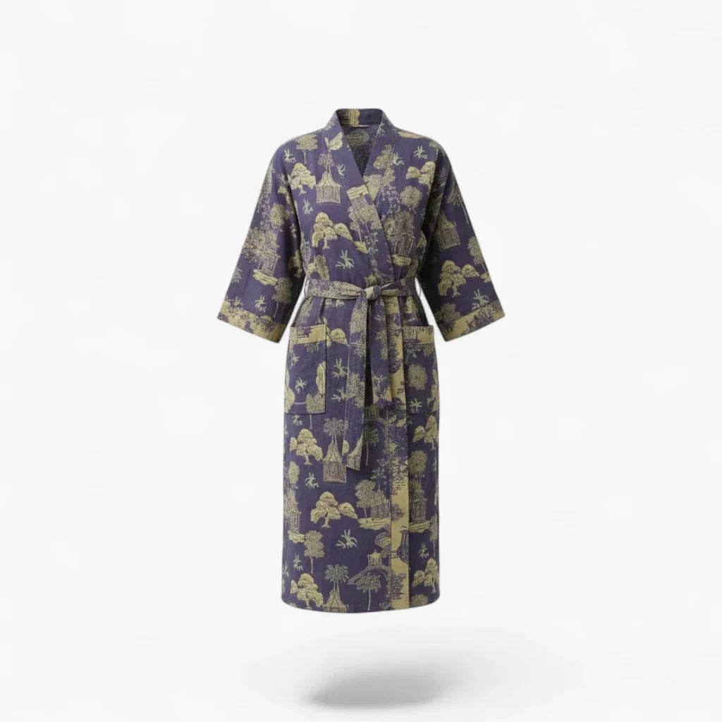 Peignoir Femme Coton – Style Japonais Violet à Motifs Verts