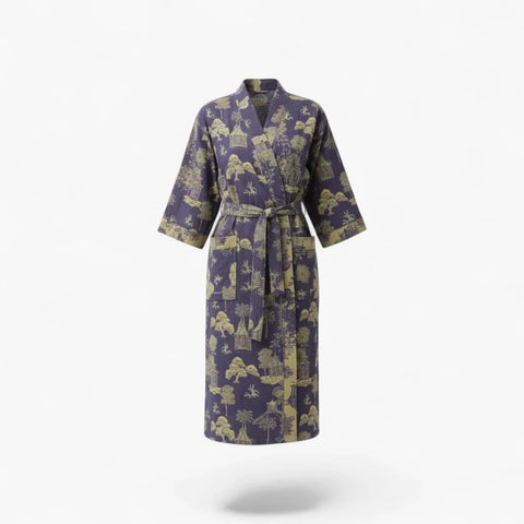 Peignoir Femme Coton – Style Japonais Violet à Motifs Verts
