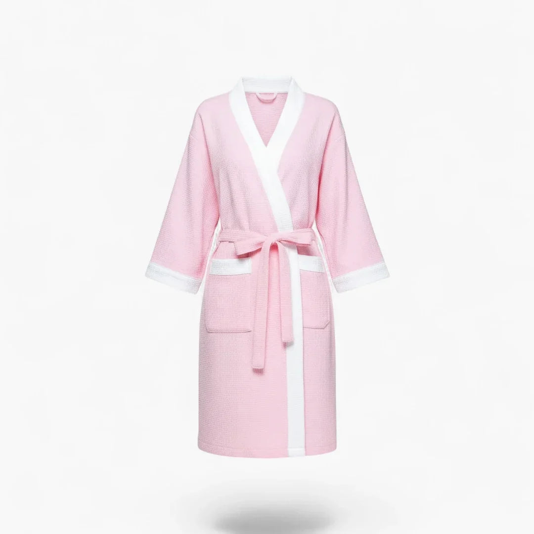 Peignoir Femme – Waffle Rose à Bordures Blanches Courtes Manches
