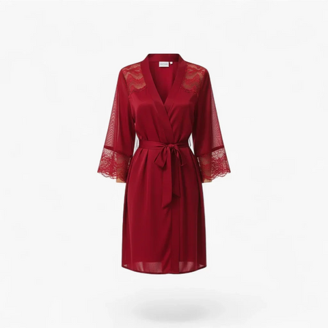 Peignoir Femme Satin – Rouge à Dentelle Élégante et Ceinture Taille