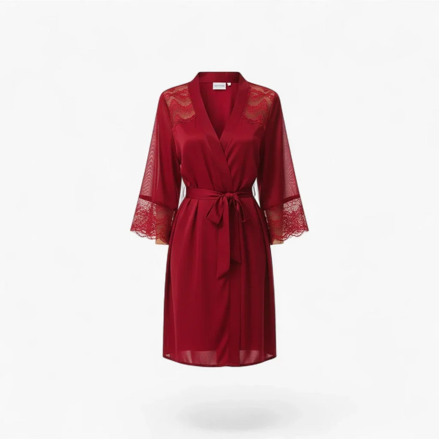 Peignoir Femme Satin – Rouge à Dentelle Élégante et Ceinture Taille
