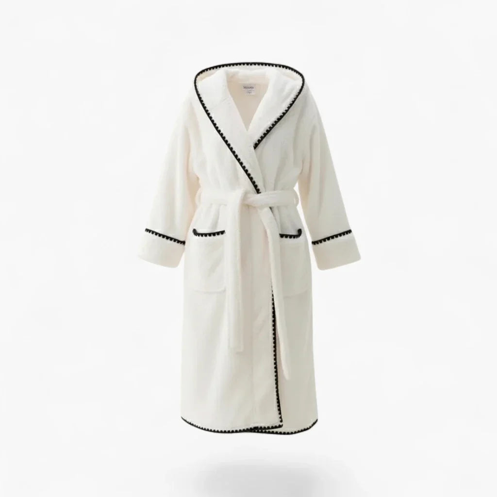 Peignoir Femme Hiver – Long en Polaire Blanche Bordée de Noir