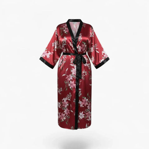 Peignoir Femme Satin – Long Grande Taille Motif Floral Bordeaux