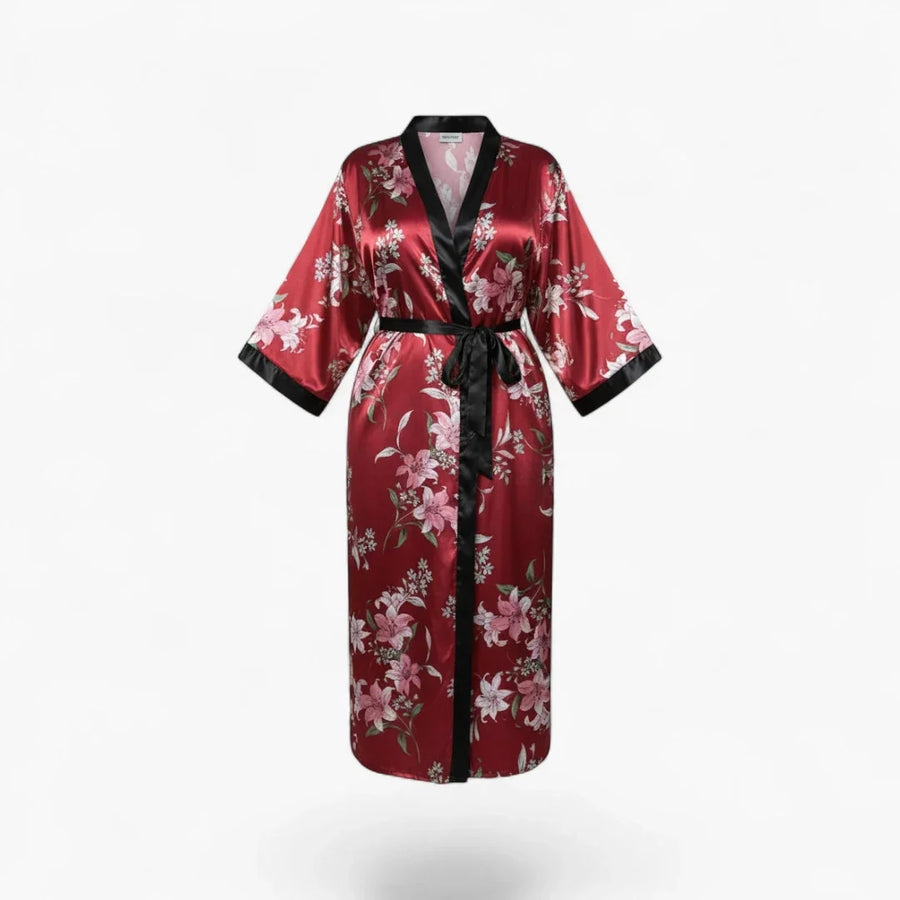 Peignoir Femme Satin – Long Grande Taille Motif Floral Bordeaux