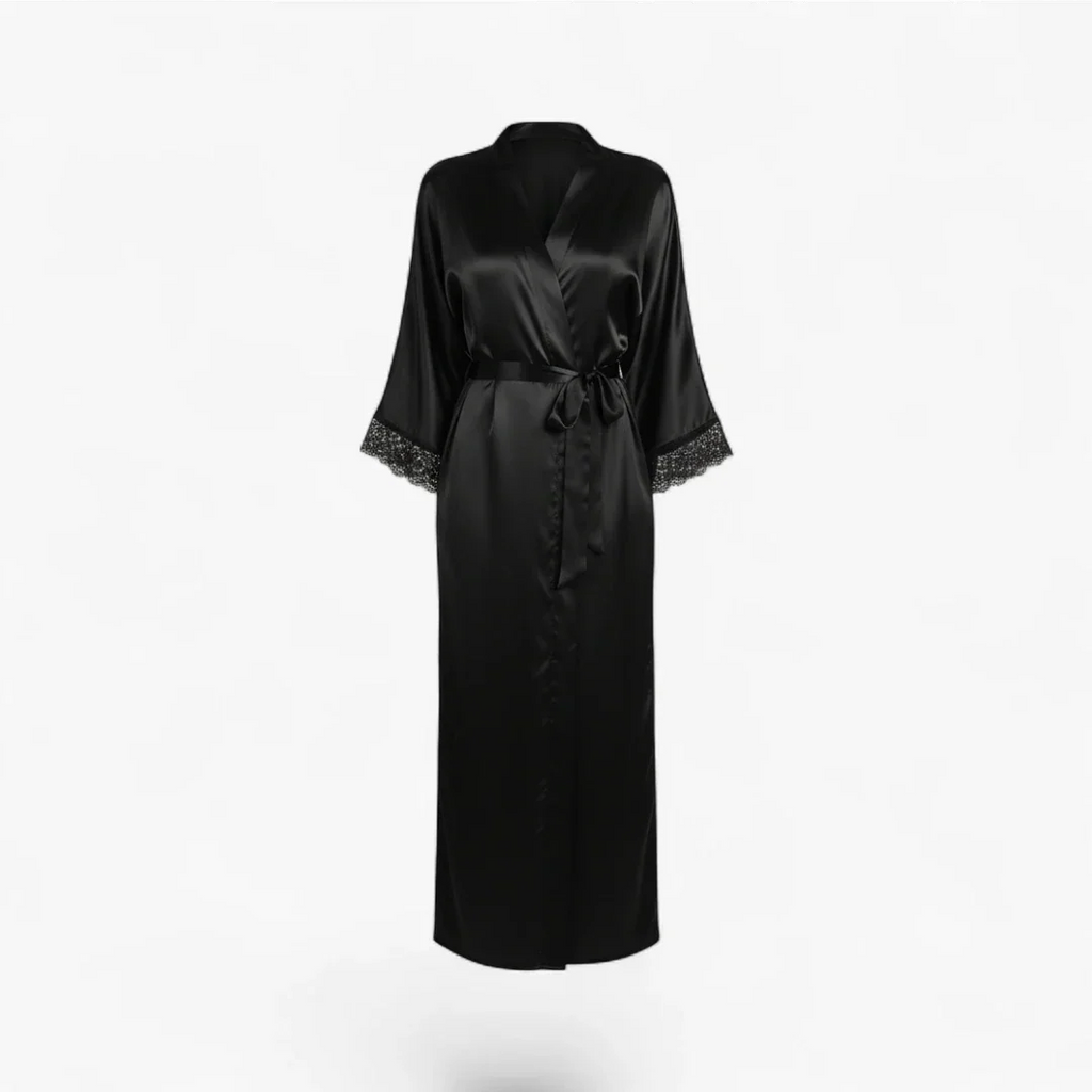 Peignoir Femme en Satin – Noir Long avec Dentelle