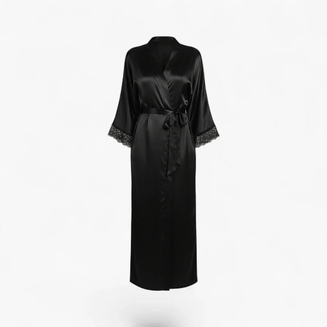 Peignoir Femme en Satin – Noir Long avec Dentelle