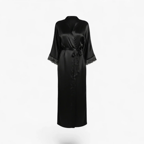 Peignoir Femme en Satin – Noir Long avec Dentelle