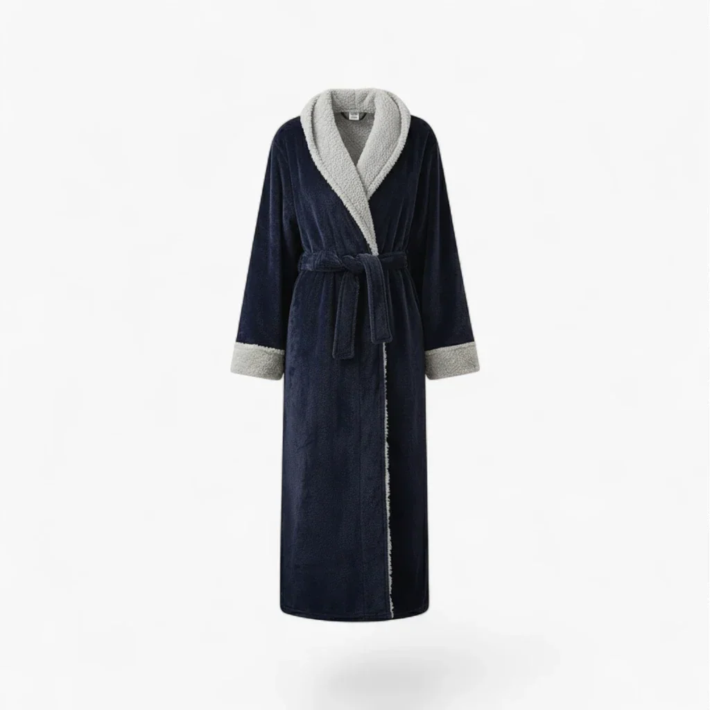 Peignoir Femme Hiver – En Flanelle Long Bleu Marine à Revers Gris