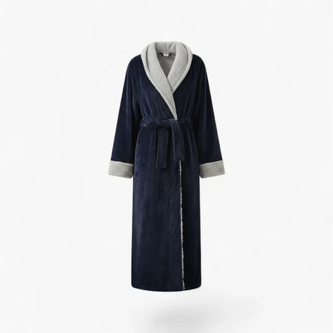 Peignoir Femme Hiver – En Flanelle Long Bleu Marine à Revers Gris