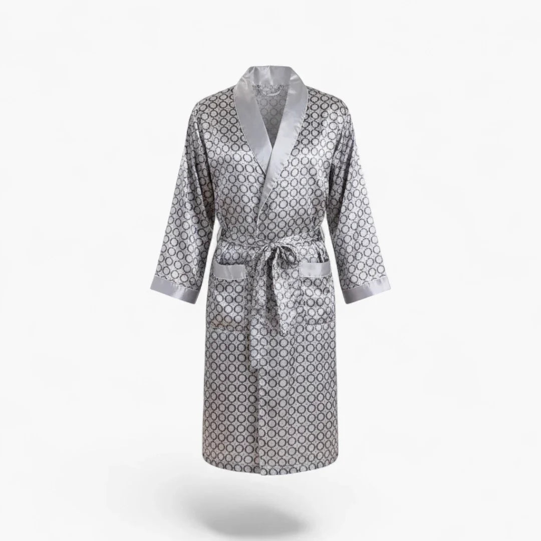 Peignoir Homme Satin – Motif Cercle Gris à Revers Argentés