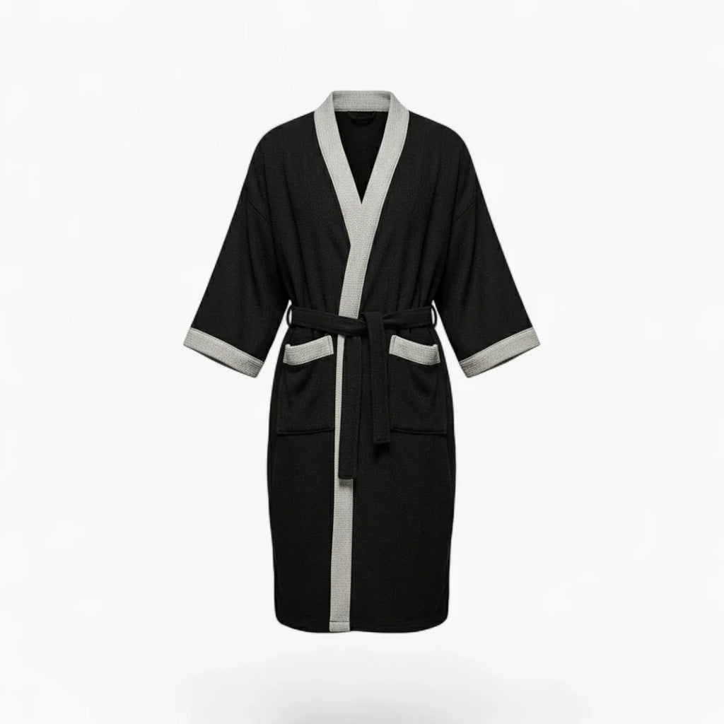 Peignoir Homme – Waffle Noir à Bordures Grises Courtes Manches