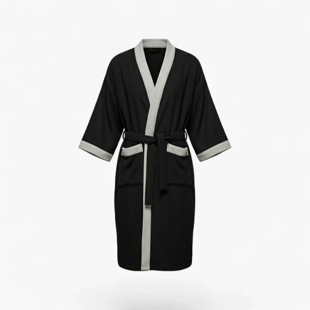 Peignoir Homme – Waffle Noir à Bordures Grises Courtes Manches