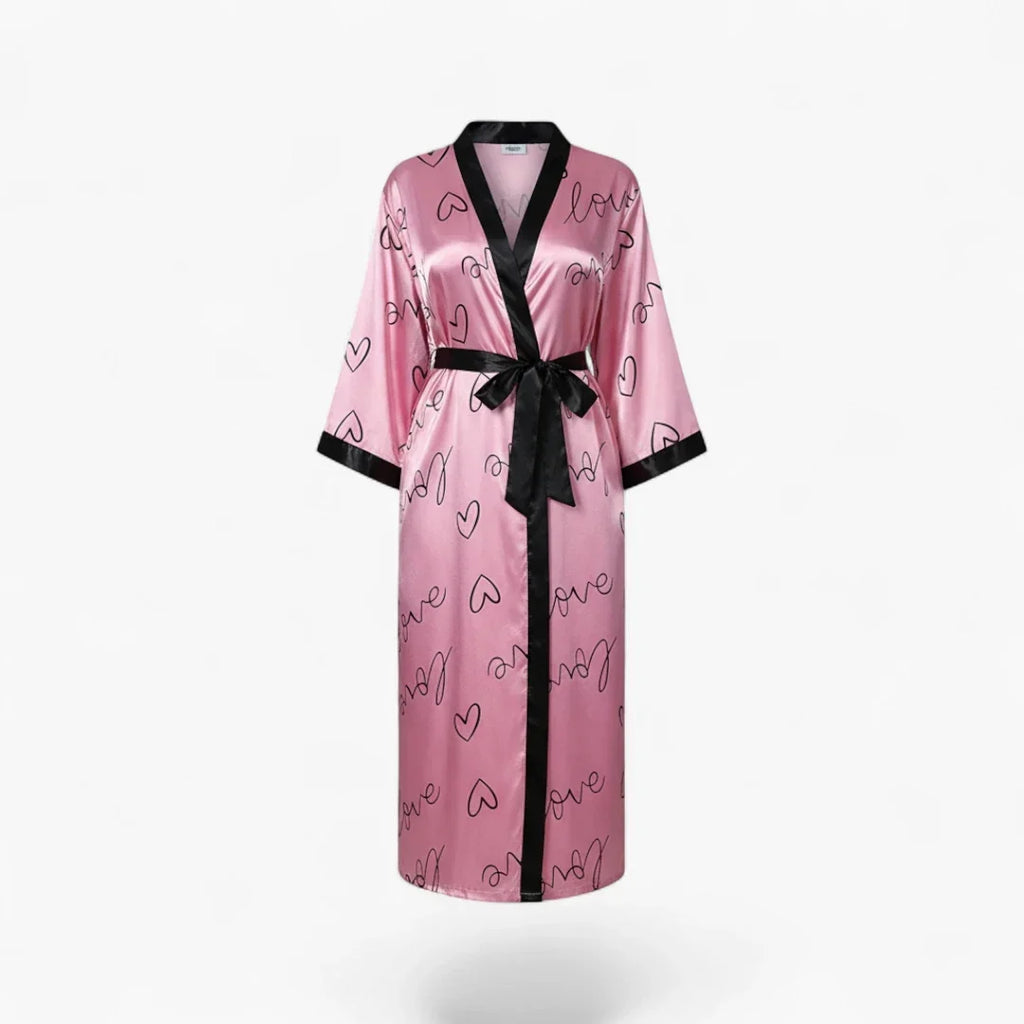 Peignoir Femme Grande Taille en Satin – Long Rose à Motif Cœurs “Love”