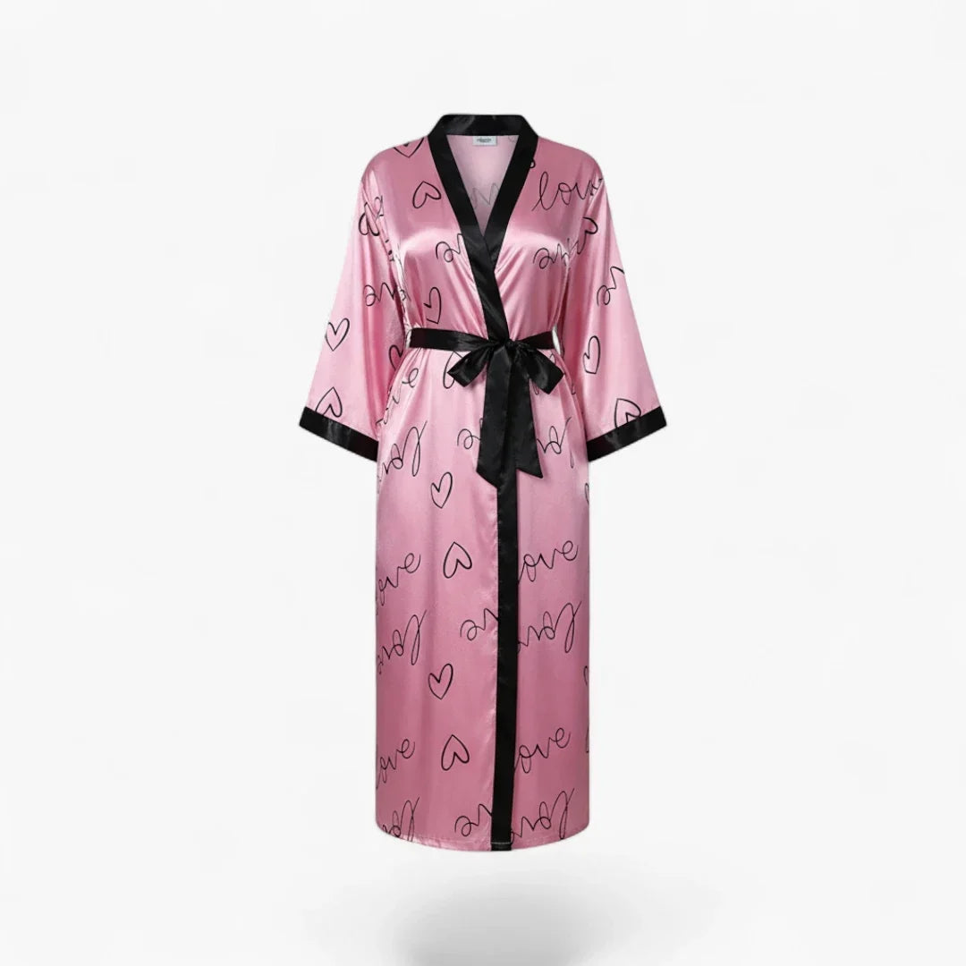 Peignoir Femme Grande Taille en Satin – Long Rose à Motif Cœurs “Love”