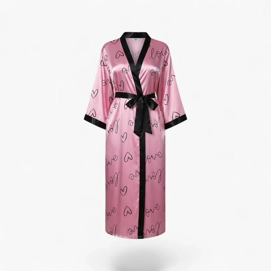 Peignoir Femme Grande Taille en Satin – Long Rose à Motif Cœurs “Love”