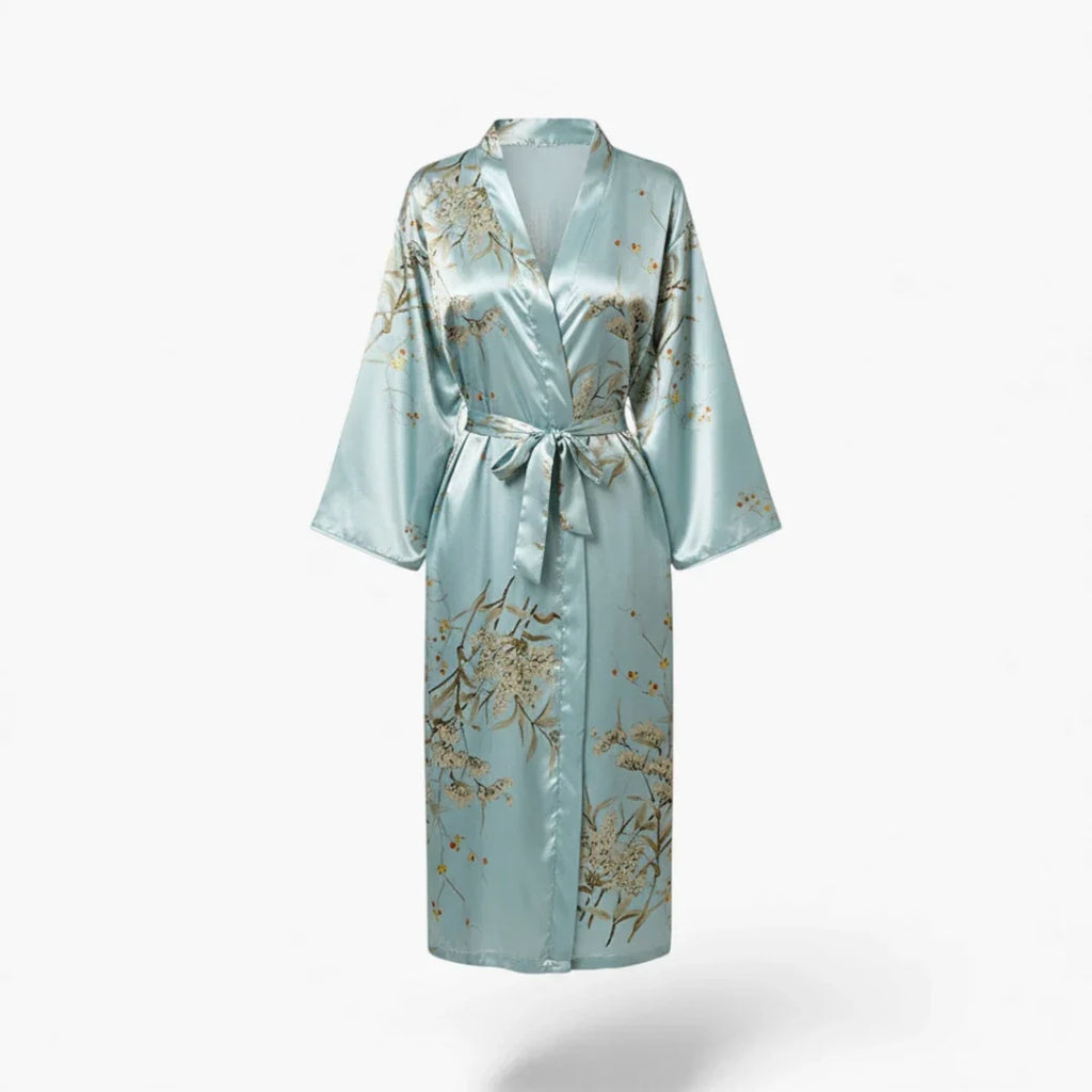 Peignoir Femme – En Satin Turquoise à Motif Fleuri