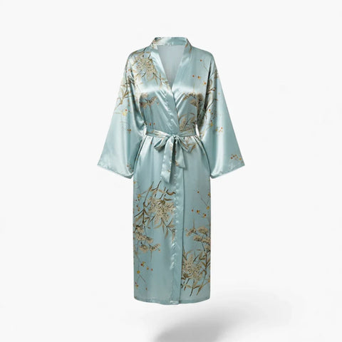 Peignoir Femme – En Satin Turquoise à Motif Fleuri