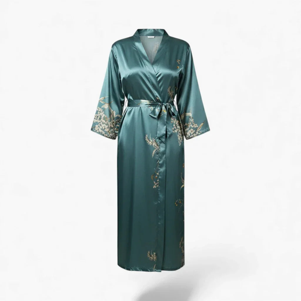 Peignoir Femme – En Satin Bleu à Fleurs