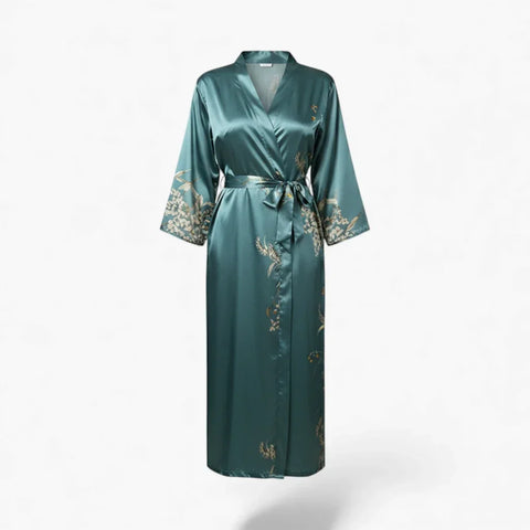Peignoir Femme – En Satin Bleu à Fleurs