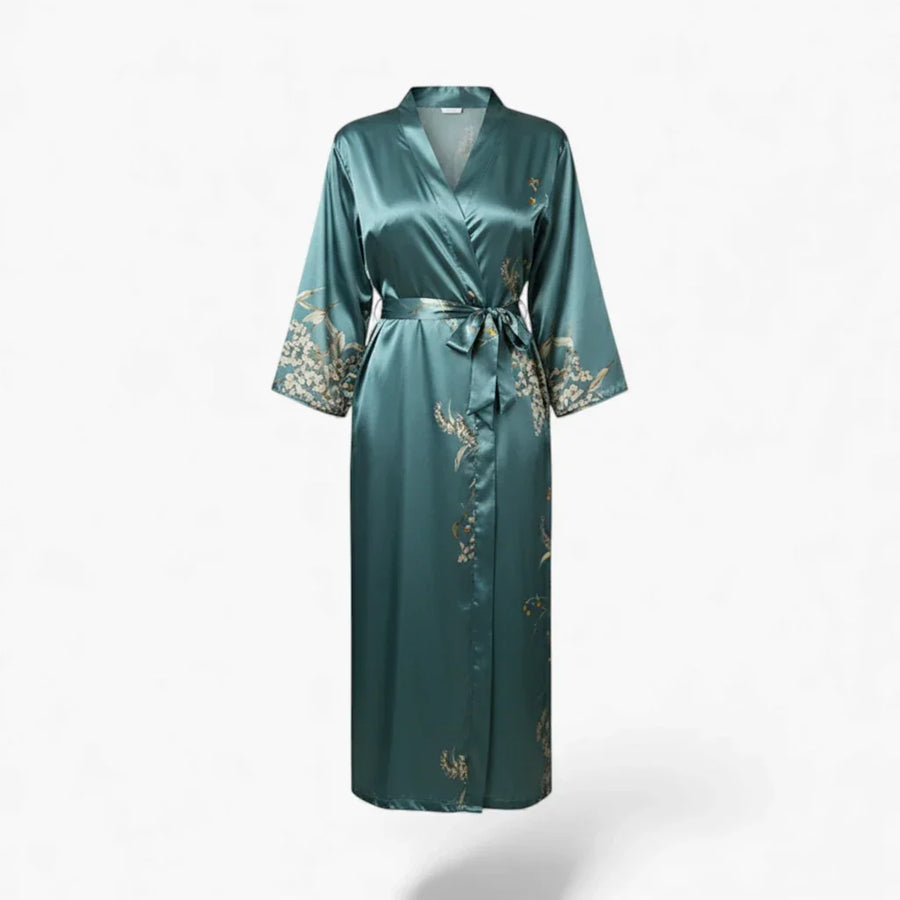 Peignoir Femme – En Satin Bleu à Fleurs
