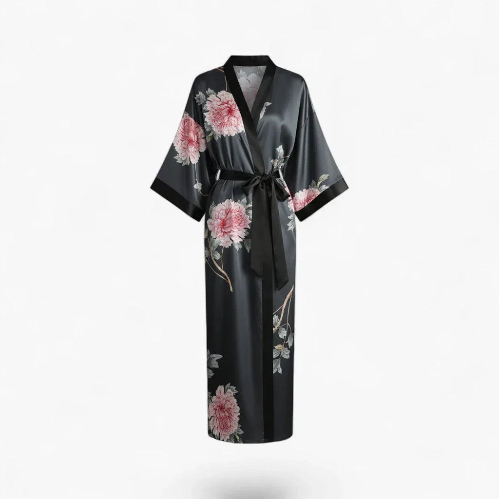 Peignoir Satin Gris Femme Fleuri
