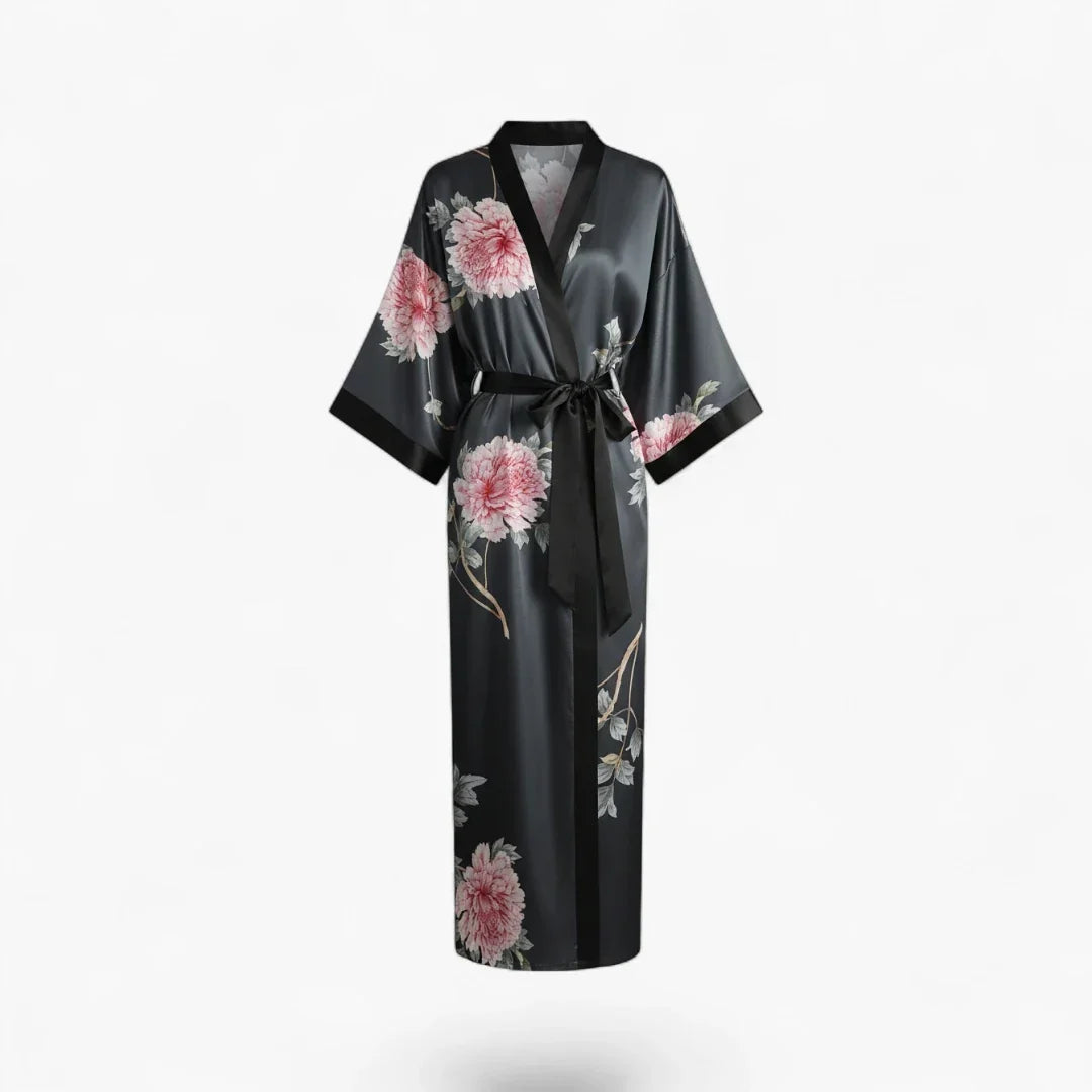 Peignoir Satin Gris Femme Fleuri