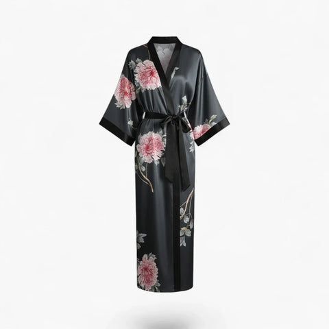 Peignoir Satin Gris Femme Fleuri