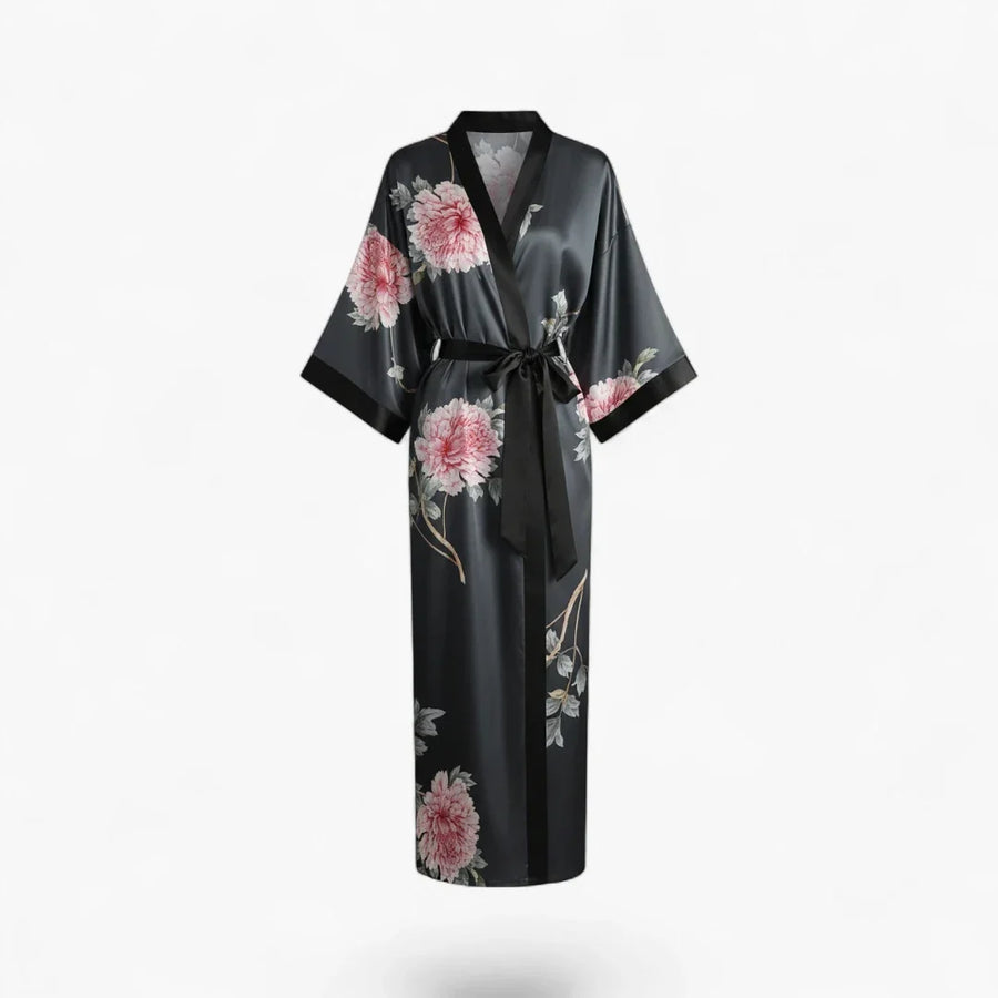 Peignoir Satin Gris Femme Fleuri