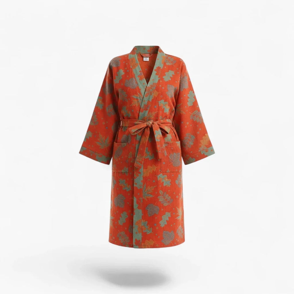 Peignoir Coton Femme Rouge Motif Feuillage