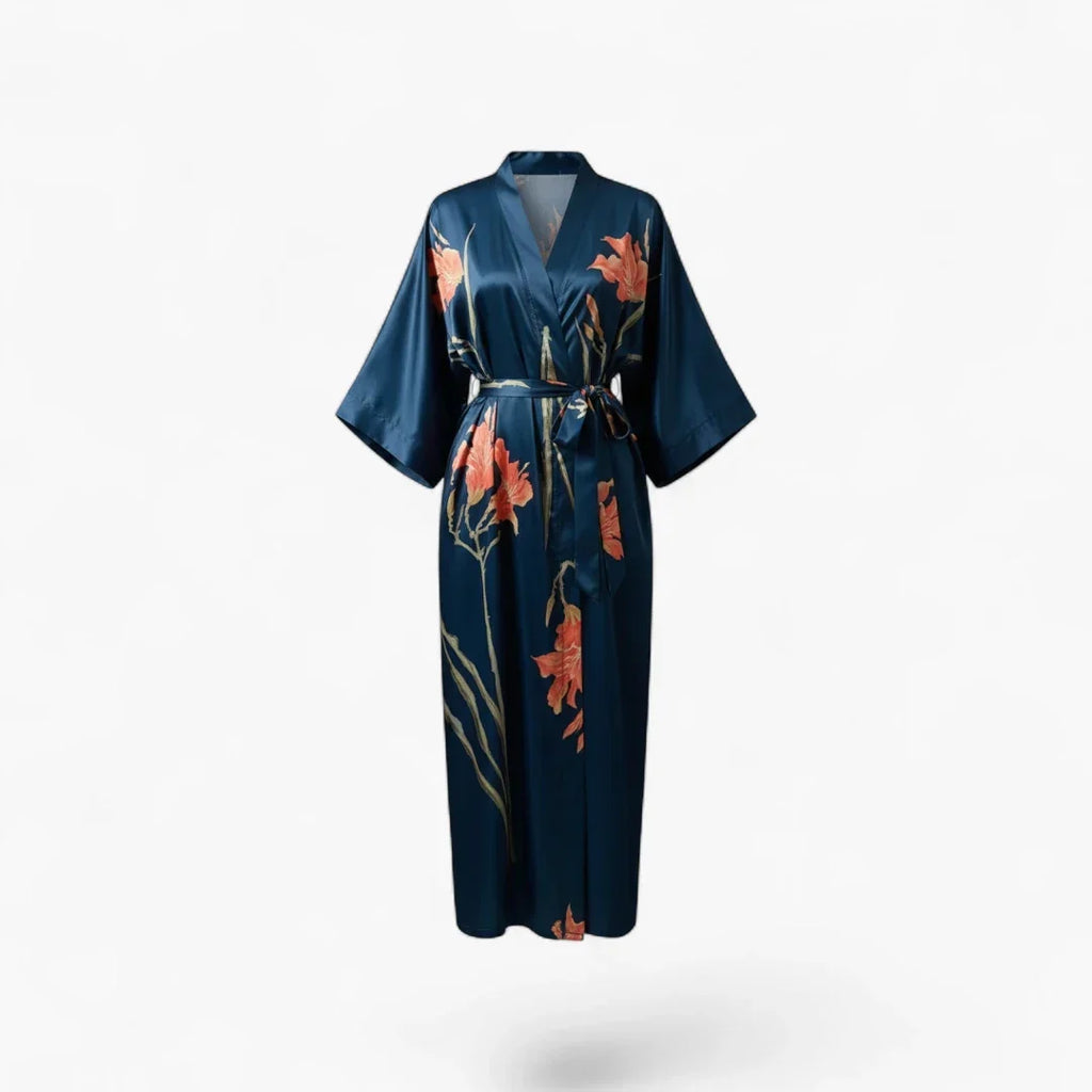 Peignoir Satin Bleu Femme Fleuri