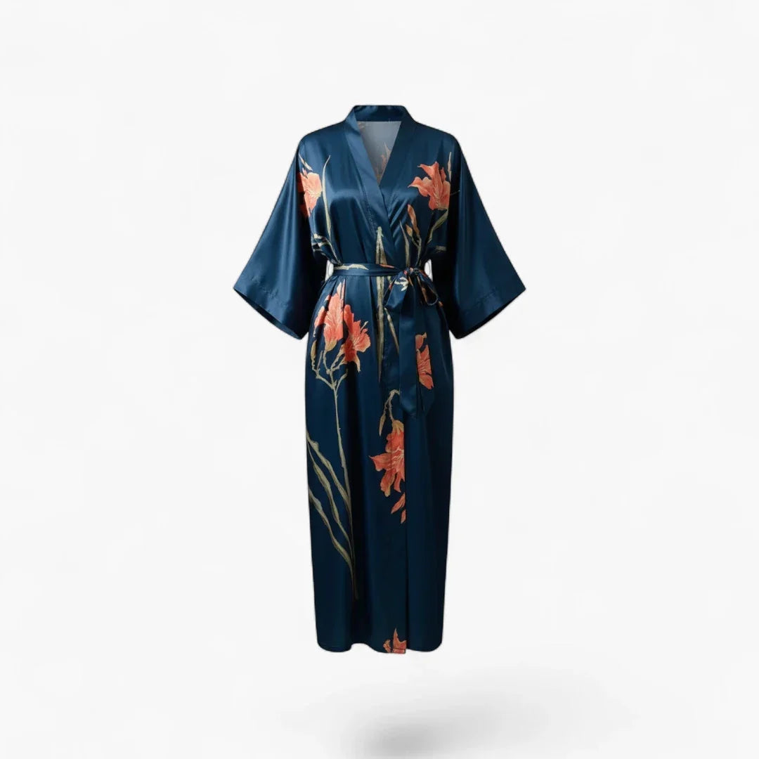 Peignoir Satin Bleu Femme Fleuri
