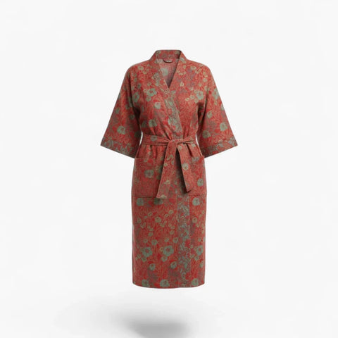 Peignoir Femme Coton – Style Japonais Rouge à Fleurs