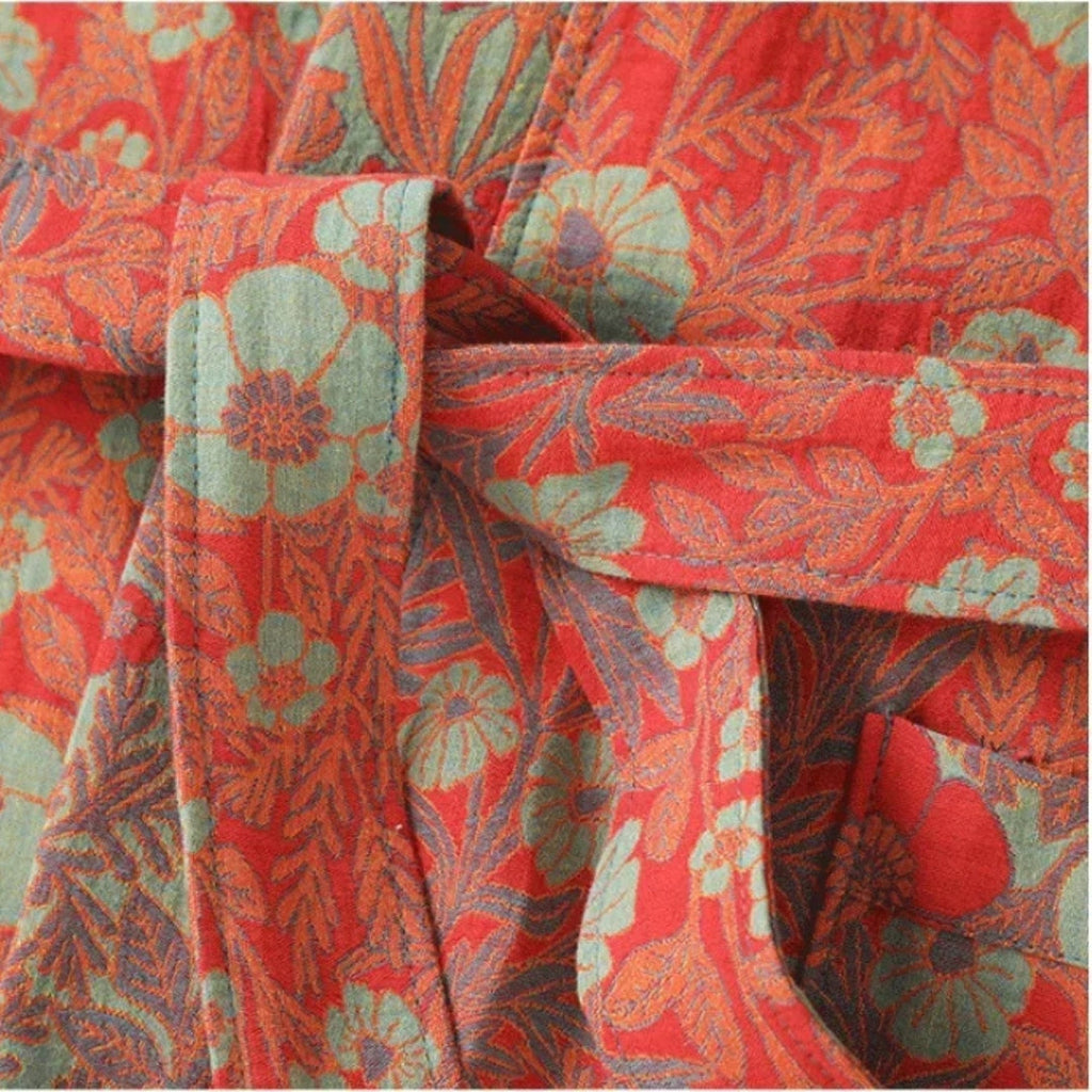 Peignoir Femme Coton – Style Japonais Rouge à Fleurs — photo 4