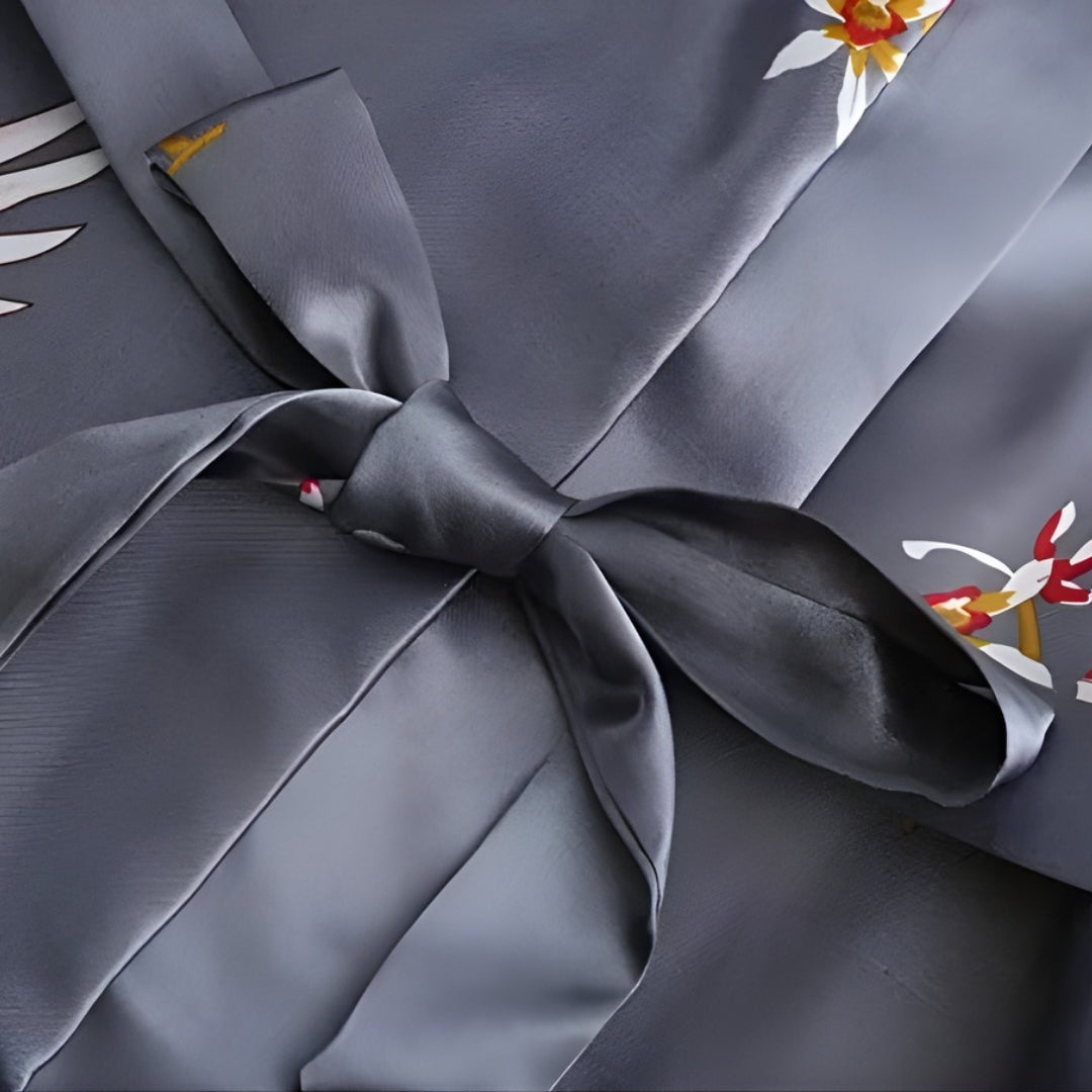 Peignoir Femme Satin – Motif Grues Japonaises Argenté — photo 4