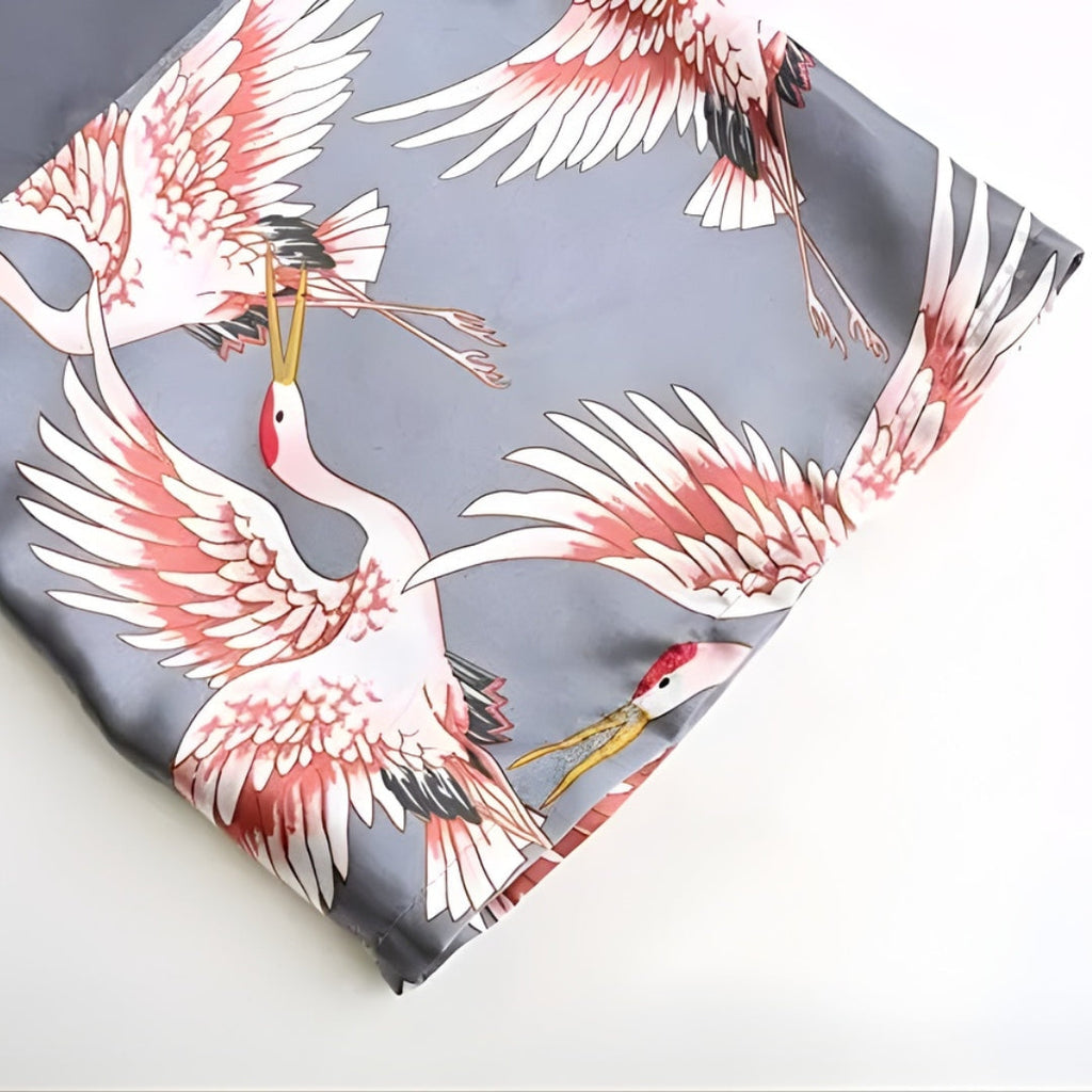 Peignoir Femme Satin – Motif Grues Japonaises Argenté — photo 6