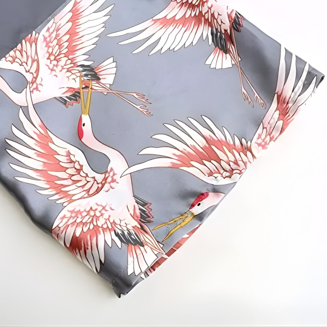 Peignoir Femme Satin – Motif Grues Japonaises Argenté — photo 6