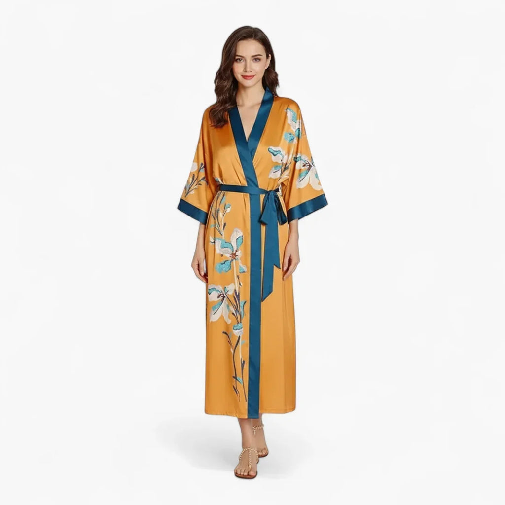 Peignoir Satin Orange Femme Fleuri — photo 2